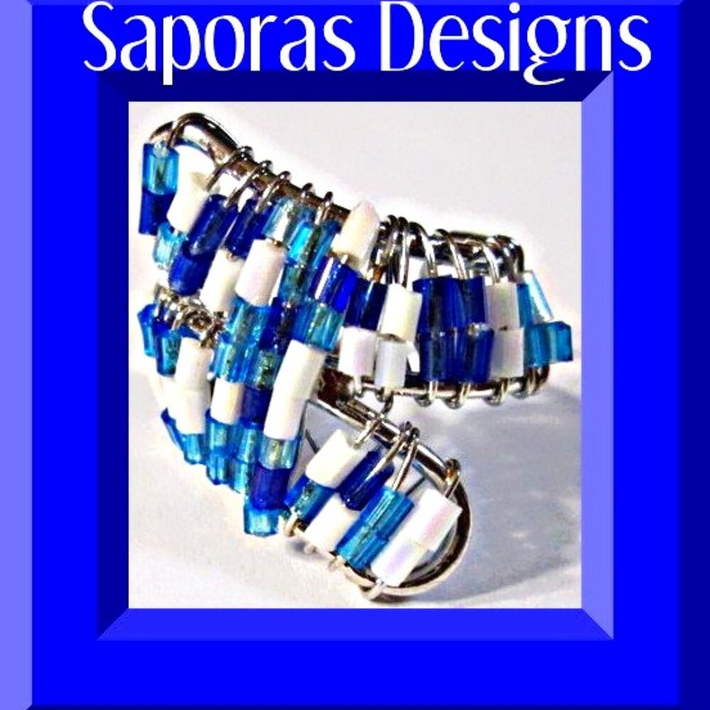 Handmade Size 7 Ring With Blue & White Beads Silver Tone Finish Native Tribal